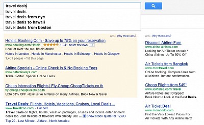 Als Beispiel, die Suche nach 'travel deals': das gelbe Feld und die rechte Kolumne sind Ads, keine wirklichen Suchergebnisse